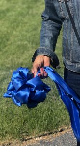 Woman's hand holding blue ribbon.