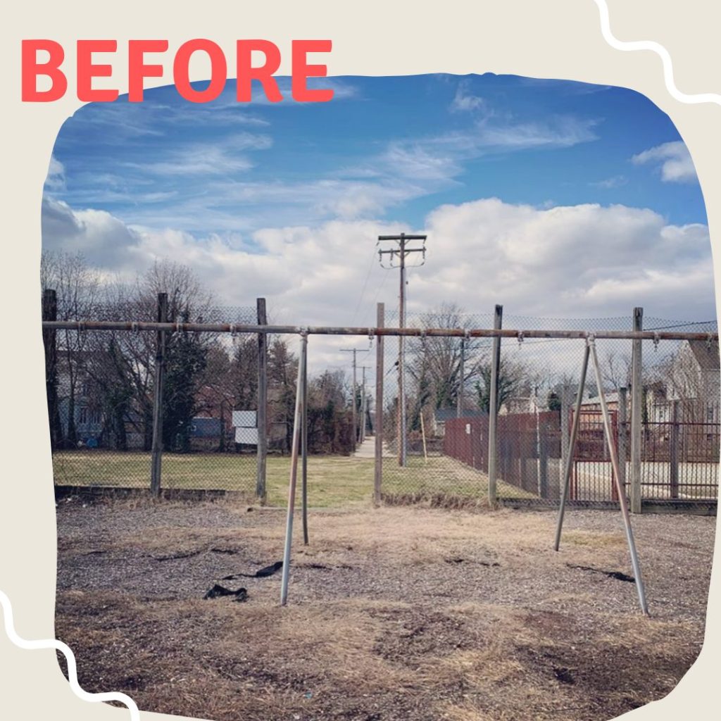 Before image of Liberty Elementary Playground, bleak landscape with very old swing equipment