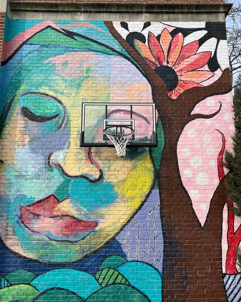New basketball hoop in front of colorful mural